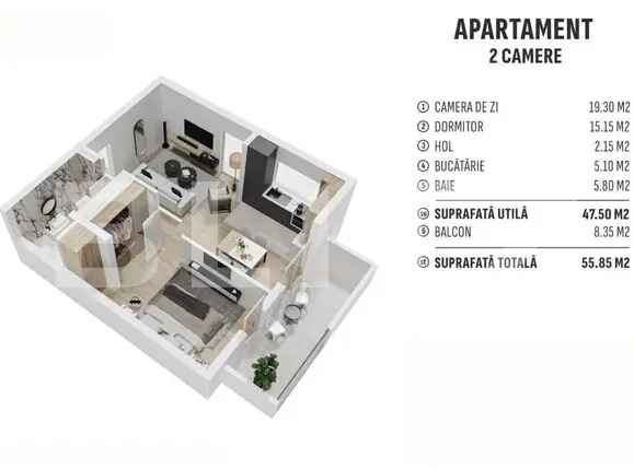 Apartament de 2 camere finisat, 55 mp, cartier rezidential nou!