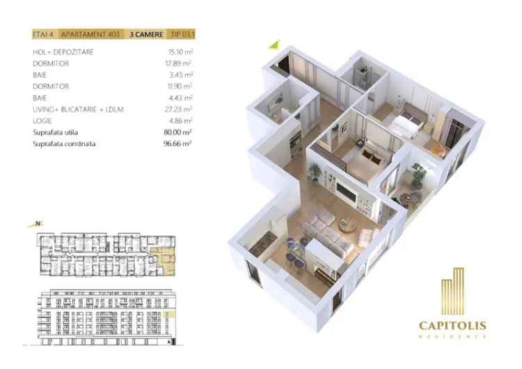 Apartament de vânzare 3 camere în Capitolis Residence cu orientare Sud-Vestică