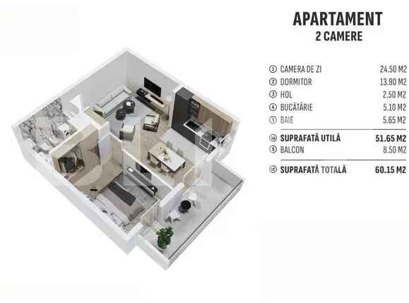 Apartament de 2 camere finisat, 51 mp, cartier rezidential nou!