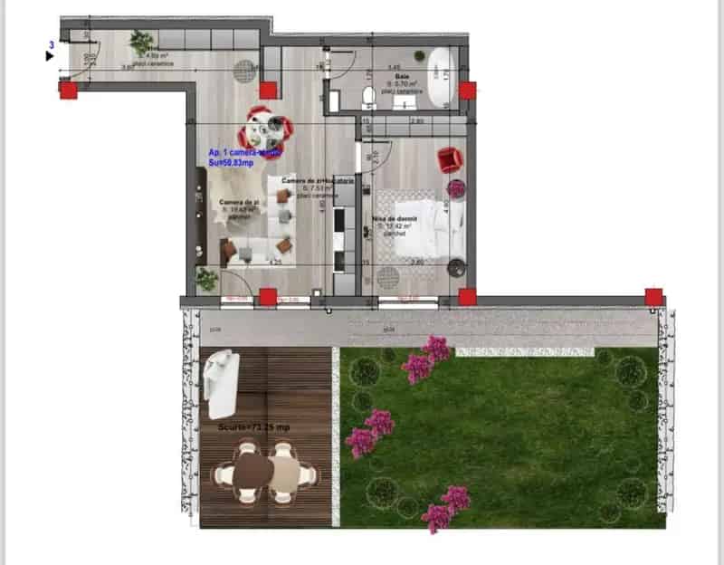Apartament 2 camere cu gradina Terra 51mp