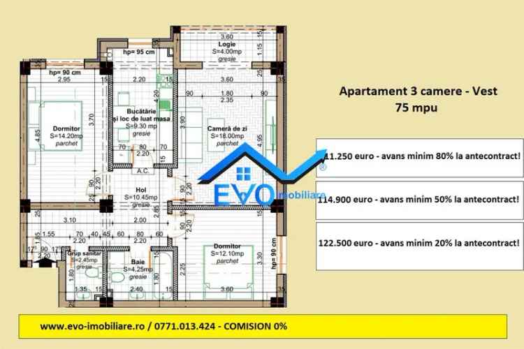 Apartament decomandat, 3 camere, 75 mp, 2 bai, bloc nou, de vanzare in Iasi Popas Pacurari