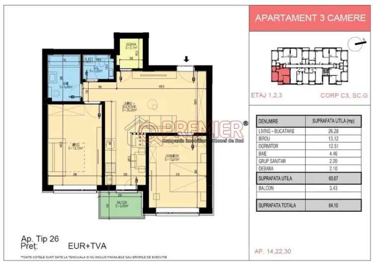 Cumparare apartamente 3 camere Popesti Leordeni cu balcon si 2 bai