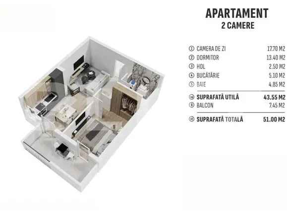 Apartament de 2 camere finisat, 44 mp, terasa, cartier nou rezidential!