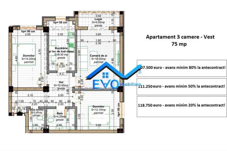 Apartament 3 camere, 75 mp, 2 bai, decomandat, bloc nou, de vanzare in Iasi Valea Lupului