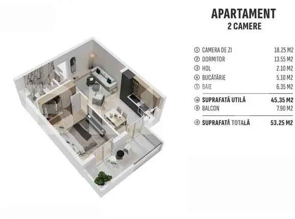 Apartament de 2 camere finisat, 45 mp, cartier rezidential nou!