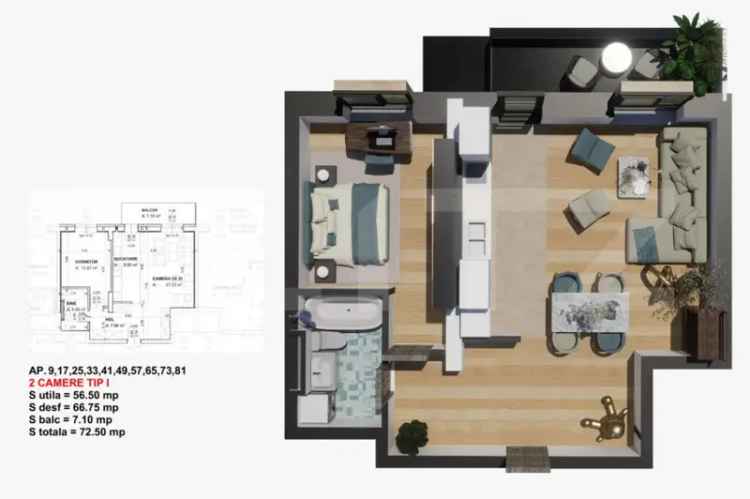 Cumparare apartament 2 camere Sati cu balcon si finisaje moderne