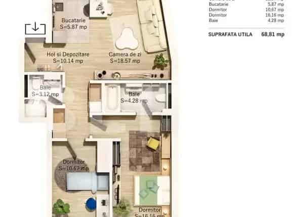 Apartament 3 Camere Parcul Central Semifinisat 69mp