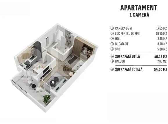 Apartament 1 camera, 46 mp, finisat, cartier nou rezidential!