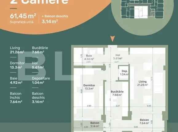 Apartament de 2 camere, decomandat, 64.6mp, etaj intermediar, zona Hlincea